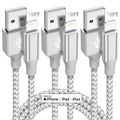 Three 10FT braided lightning cables with USB connectors, grey and white pattern.