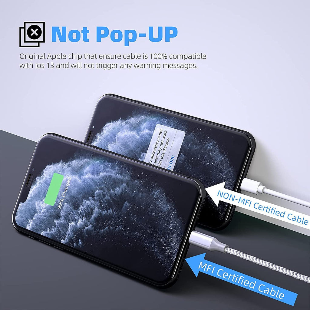 Two iPhones charging, one with a non-MFI certified cable and one with an MFI certified cable, illustrating compatibility.