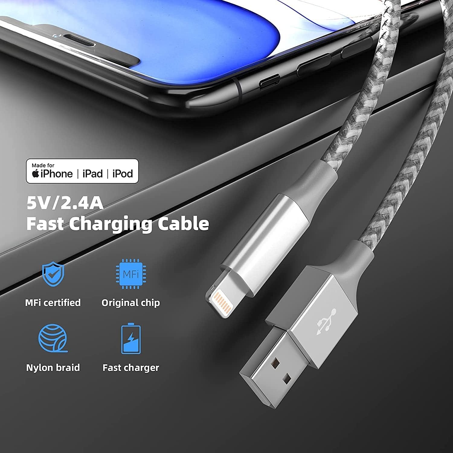 Grey and white braided fast charging cable with USB-A and Lightning connectors next to a smartphone.