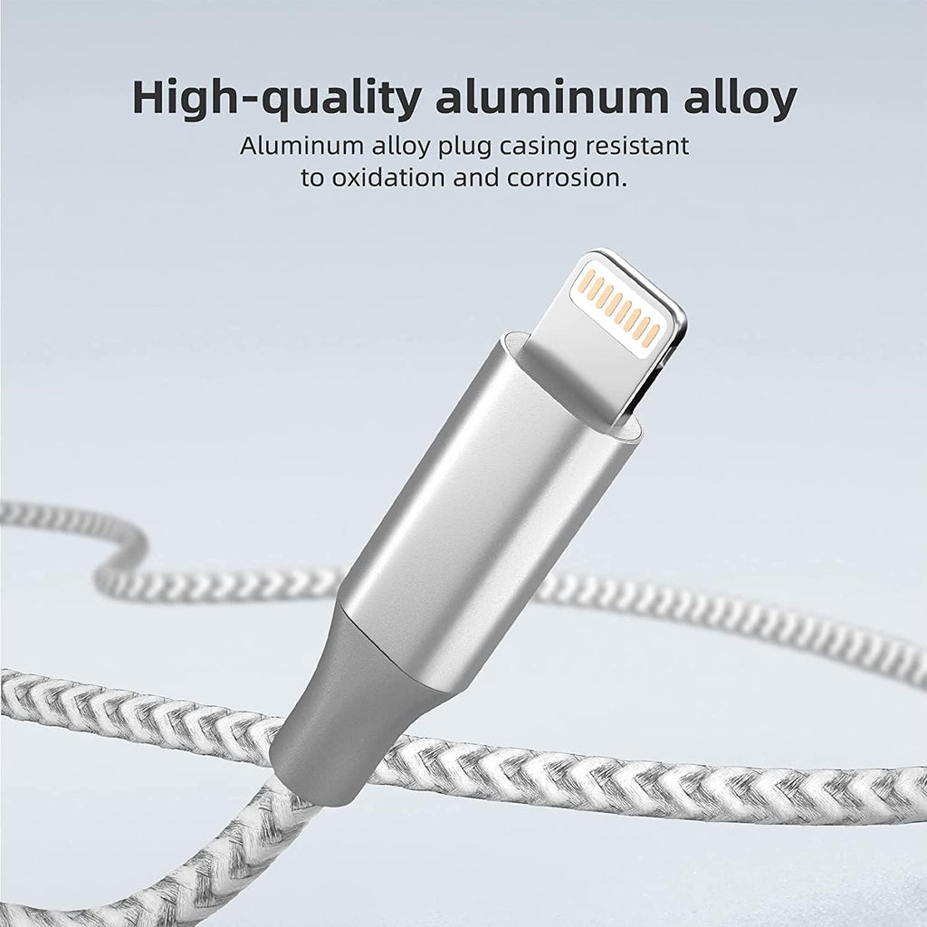 Close-up of a braided charging cable connector made of aluminum alloy, with text overlay describing its quality.