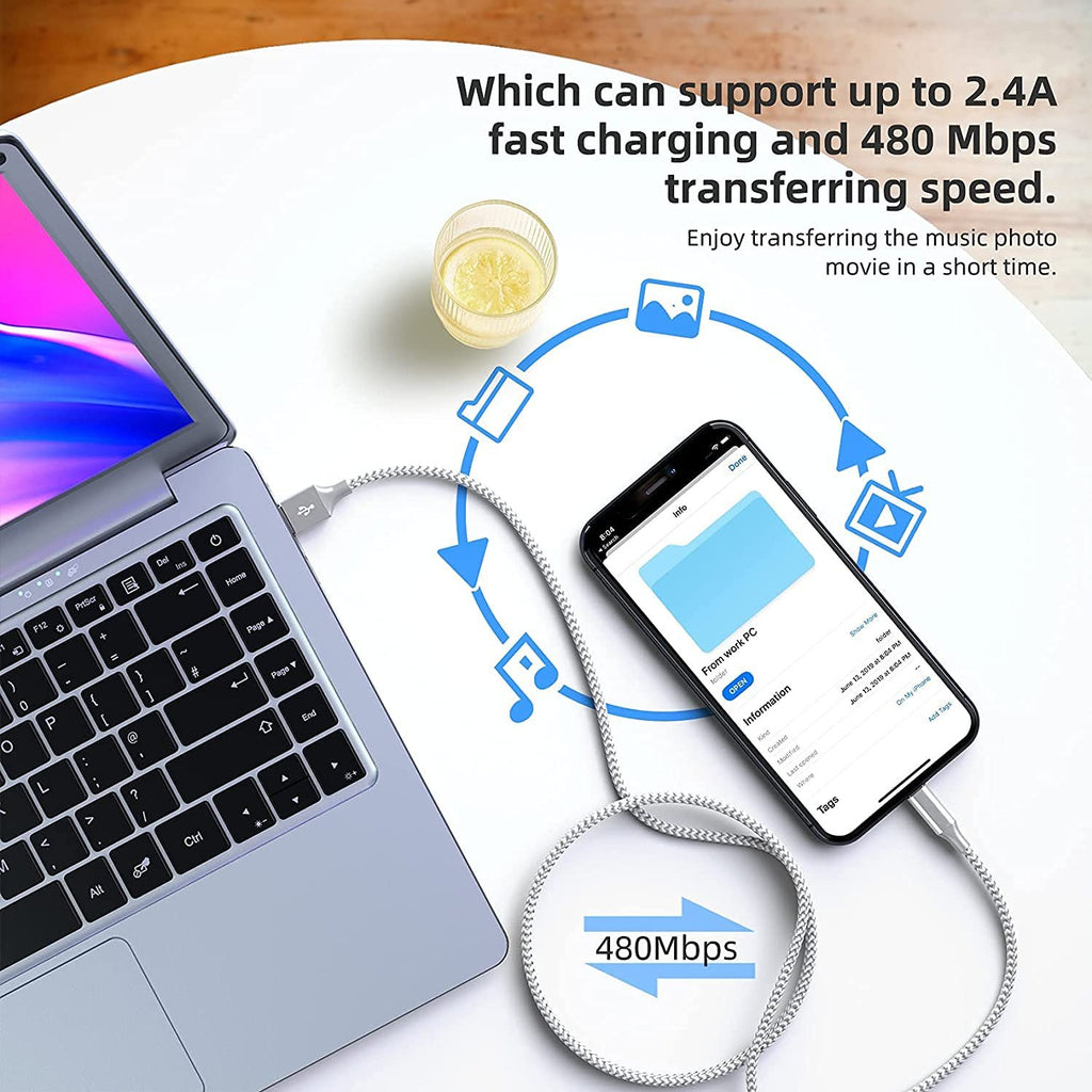 Grey and white braided USB-C cable connecting a laptop and a smartphone, illustrating fast charging and data transfer speeds.