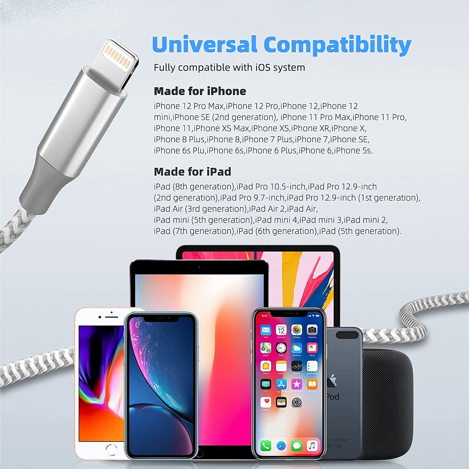 Silver and grey braided lightning cable connector and multiple Apple devices including iPhones, iPads, and a HomePod.
