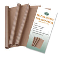 Three rolled heat press sheets and one flat sheet with product information overlay.