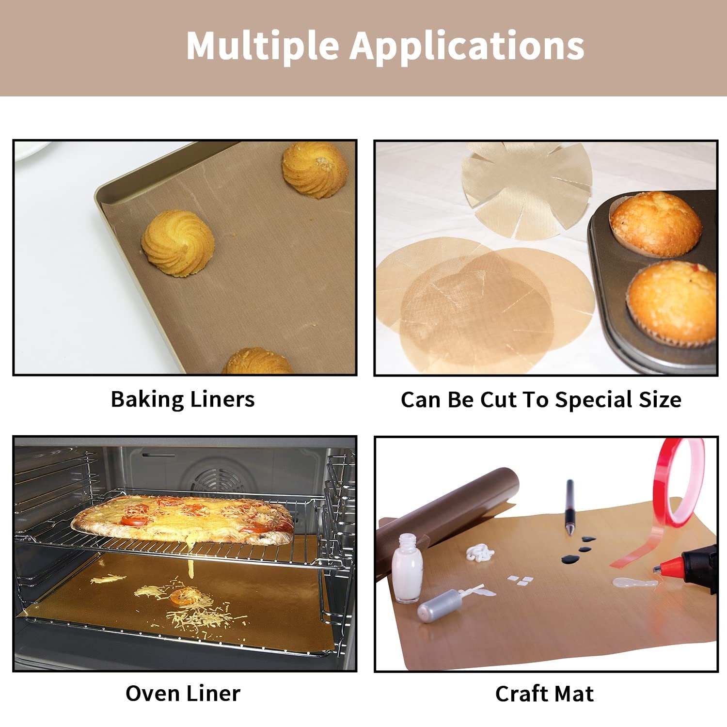 Four application examples of reusable fiberglass transfer paper: baking liners, cut to size, oven liner, and craft mat.