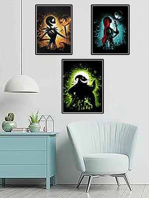 Three framed Halloween-themed diamond art paintings displayed on a wall above a dresser and next to a chair.