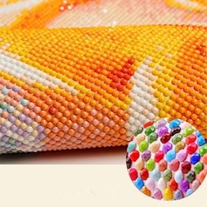 Close-up of a Halloween 5D diamond art painting kit showing colorful round drills and a detail inset of the gems.