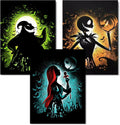 Three Halloween-themed diamond art kit designs featuring Oogie Boogie, Jack Skellington, and Sally.