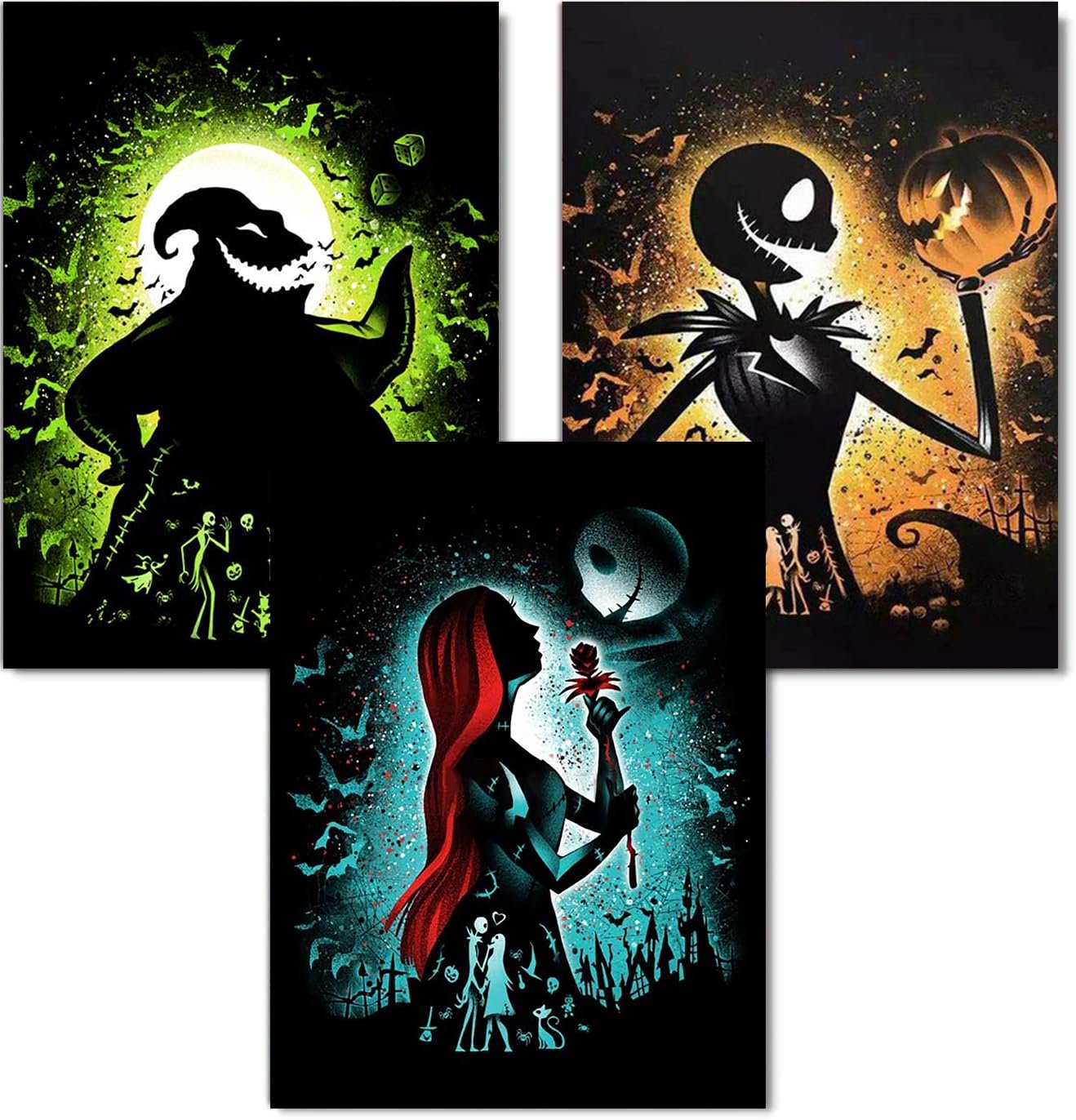 Three Halloween-themed diamond art kit designs featuring Oogie Boogie, Jack Skellington, and Sally.