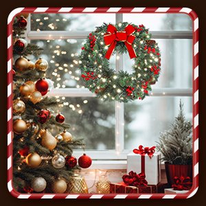 Christmas wreath with red bow, pine cones, and berries hanging on a window with a decorated Christmas tree and gifts below.