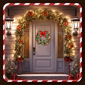 Christmas wreath with red bow, pine cones, and berries on a front door with garland and lights