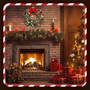 Christmas wreath with red bow, pine cones, and berry clusters hanging above a fireplace with a Christmas tree to the right.