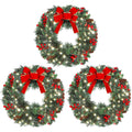 Three 16-inch Christmas wreaths with red bows, pine cones, berries, and LED lights on a white background.