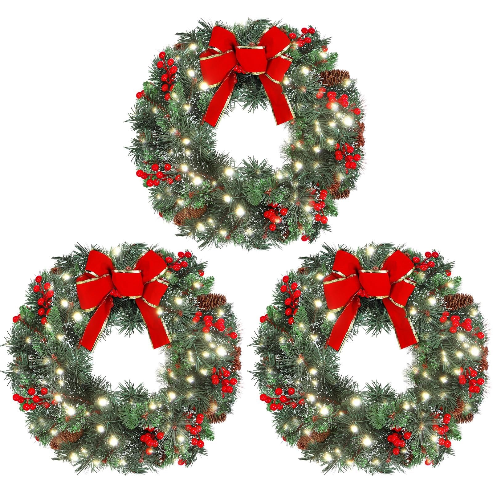 Three 16-inch Christmas wreaths with red bows, pine cones, berries, and LED lights on a white background.