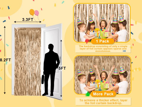 Foil fringe backdrop curtains shown covering a doorway and in a party setting with children.