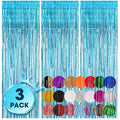 Three light blue foil fringe backdrop curtains displayed vertically, with a circular graphic showing '3 PACK' and swatches of various colored curtains.