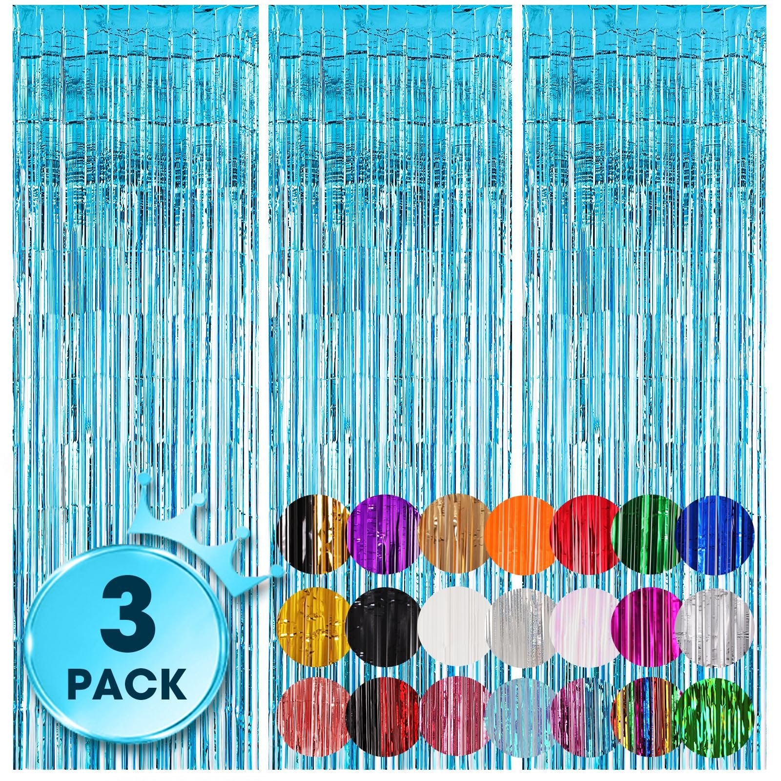 Three light blue foil fringe backdrop curtains displayed vertically, with a circular graphic showing '3 PACK' and swatches of various colored curtains.