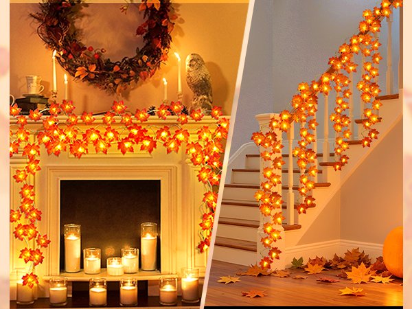 Fall maple leaf garland string lights draped over a fireplace and down a staircase.