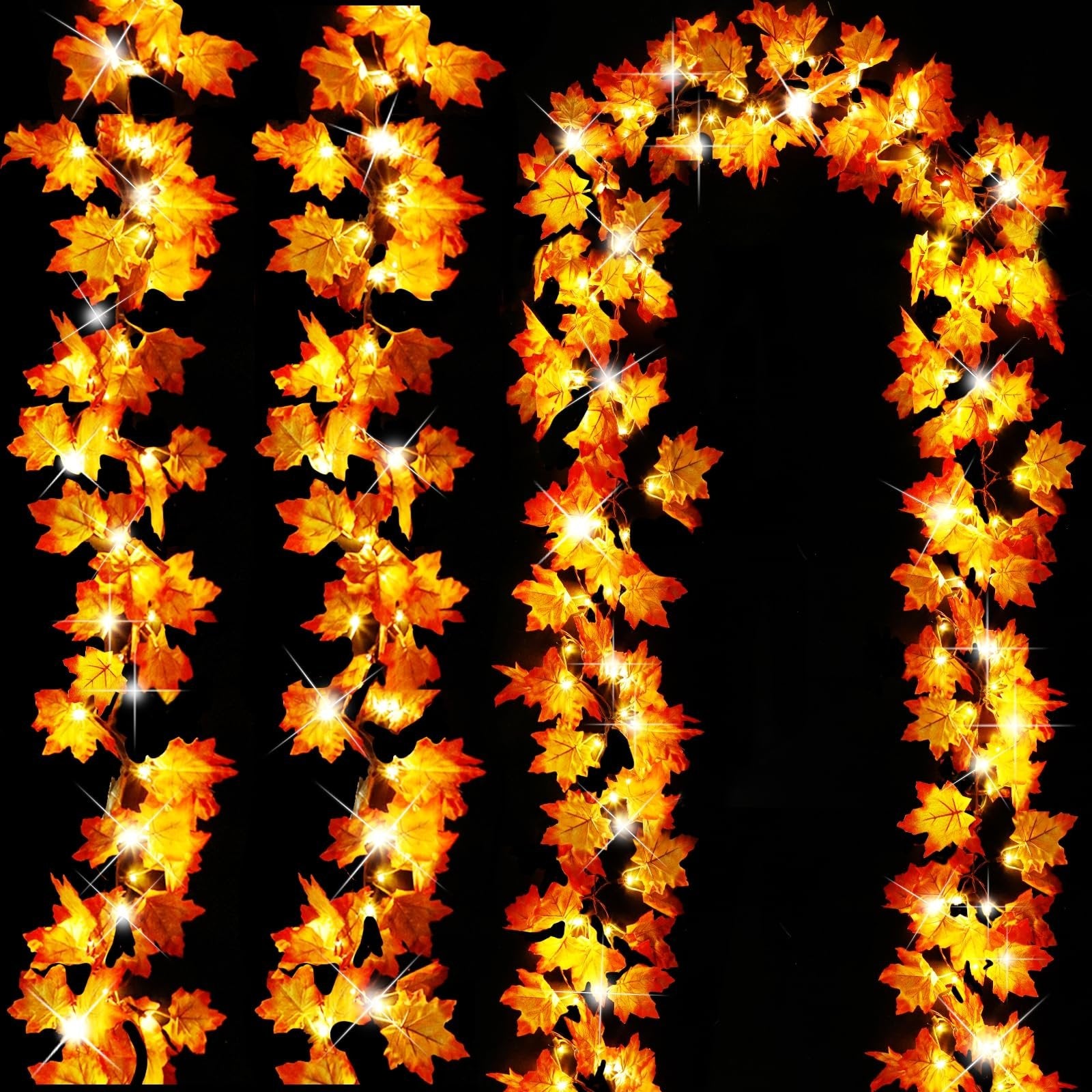 Autumn maple leaf garland string lights with 60 LEDs on a black background