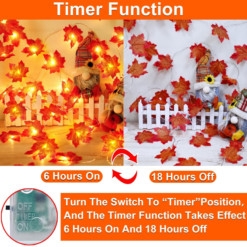 Fall maple leaf garland string lights with gnomes and timer function demonstration