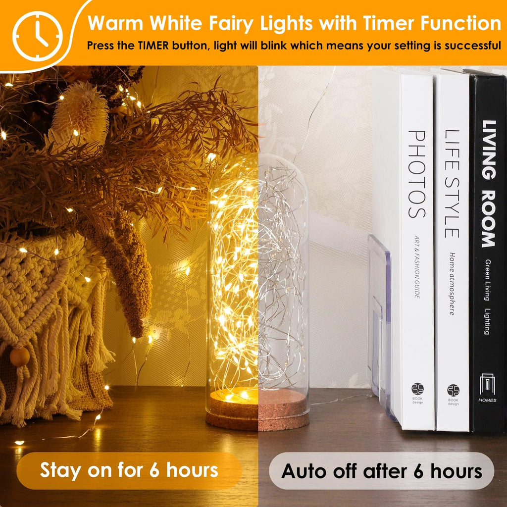 Warm white fairy string lights in a glass jar and draped on decor, with text overlays about timer function.