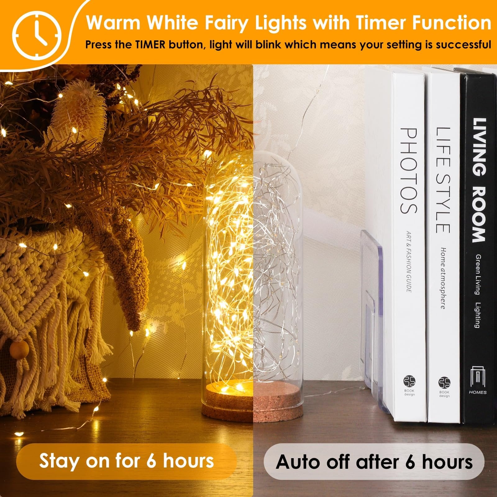 Warm white fairy string lights in a glass jar and draped on decor, with text overlays about timer function.