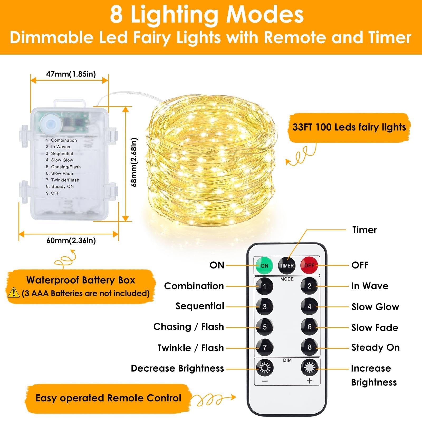 Warm white LED fairy string lights with battery box and remote control, showing dimensions and modes.