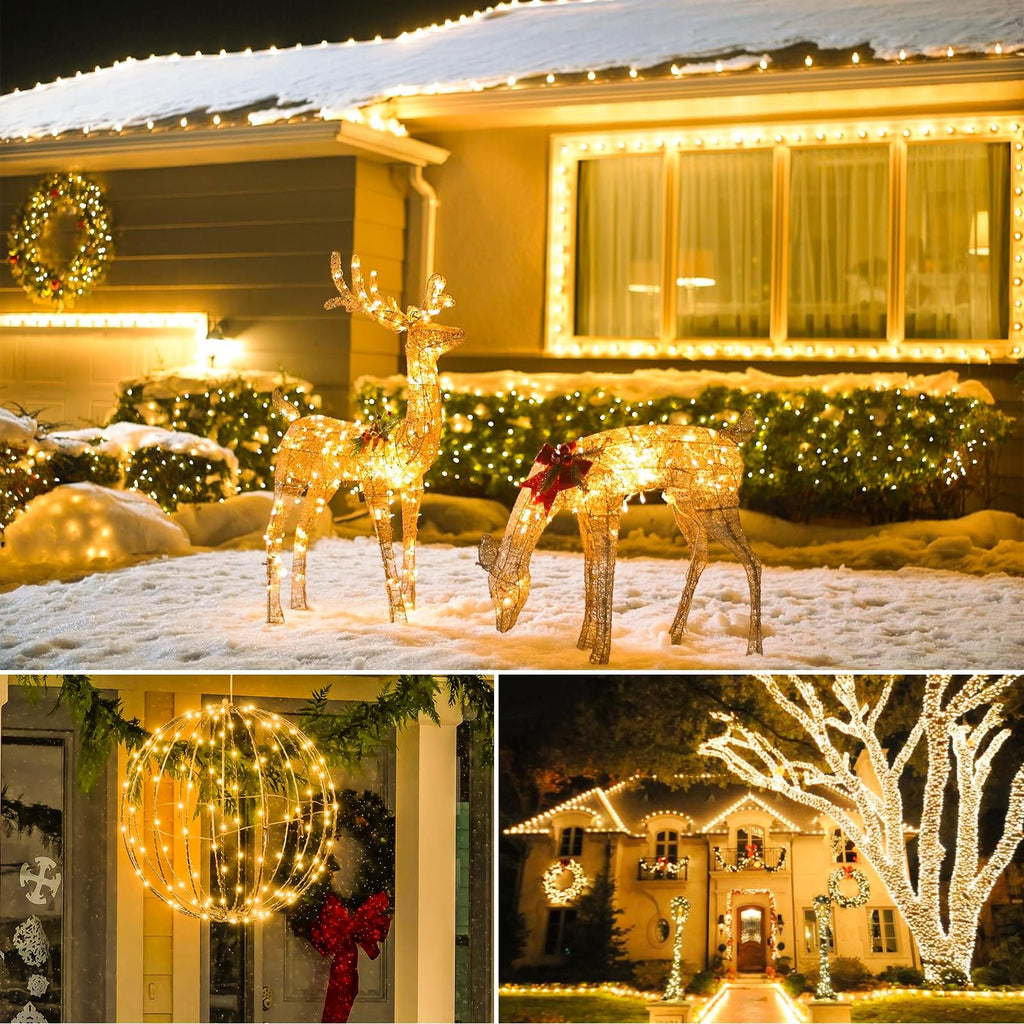 Collage of Christmas light decorations: illuminated reindeer in snow, a spherical light decoration on a porch, and a house decorated with numerous lights.