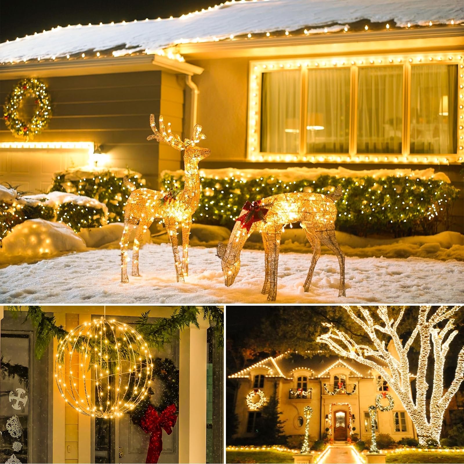 Collage of Christmas light decorations: illuminated reindeer in snow, a spherical light decoration on a porch, and a house decorated with numerous lights.