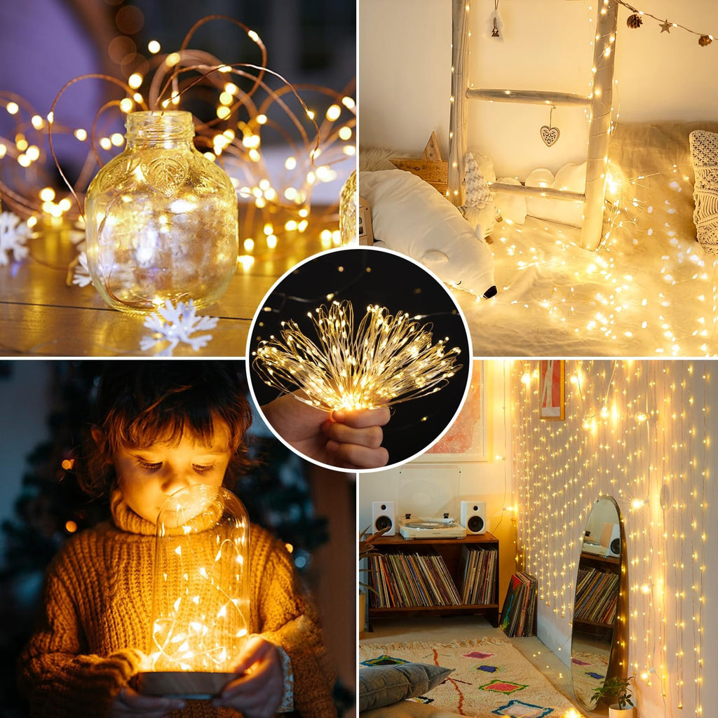 Collage of warm white fairy string lights in various decorative settings: in a glass jar, draped on a ladder, held in a hand, and decorating a child's room.