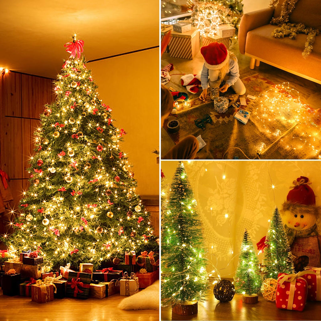 Collage of Christmas scenes with fairy lights: decorated tree with gifts, children decorating, and mini trees with lights.