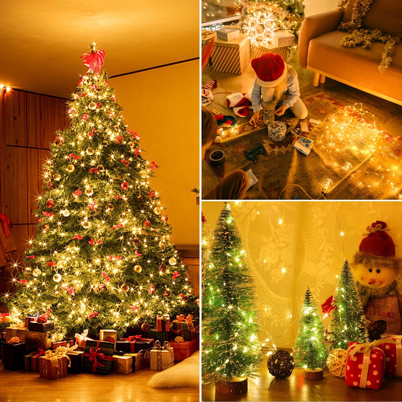 Collage of Christmas scenes with fairy lights: decorated tree with gifts, children decorating, and mini trees with lights.