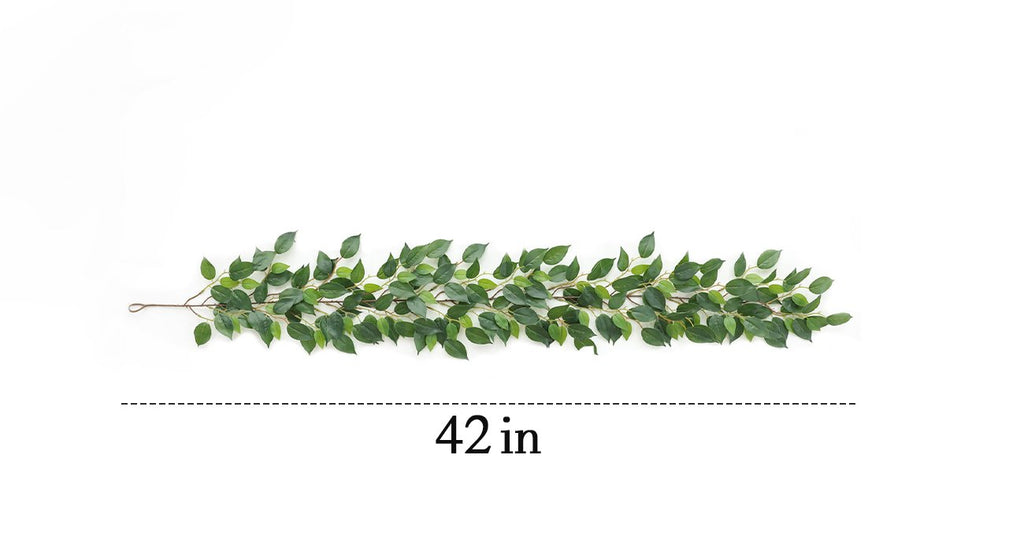 Artificial ficus vine garland with green silk leaves and wire branches, shown against a white background with a dashed line indicating 42 inches.