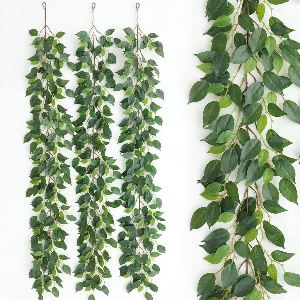 Three artificial ficus vine garlands with green silk leaves hanging against a white background, with a close-up view on the right.