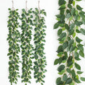 Three artificial ficus vine garlands with green silk leaves hanging against a white background, with a close-up view on the right.