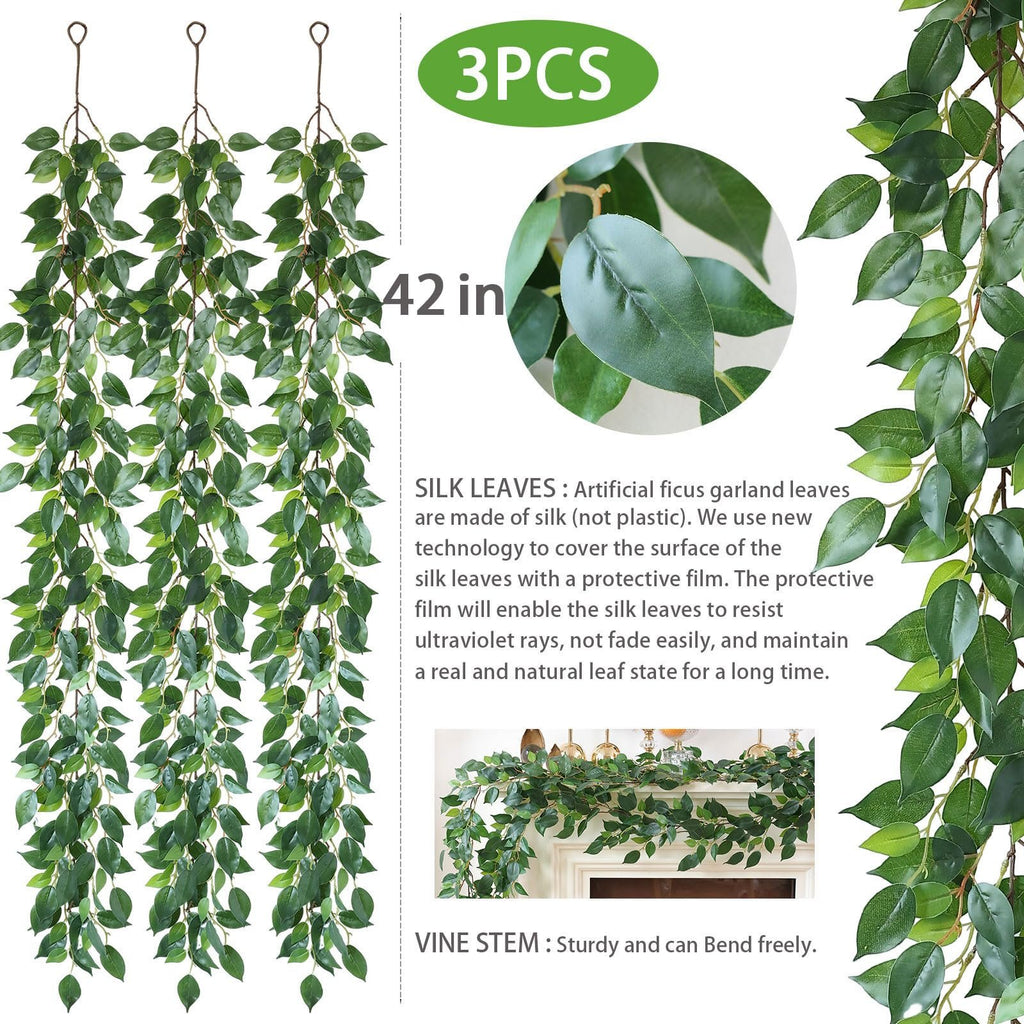 Three 42-inch artificial ficus vine garlands with green silk leaves hanging against a white background.