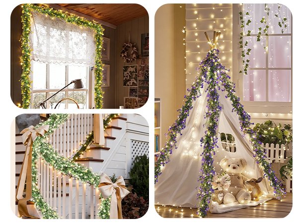 Collage of artificial eucalyptus garlands with LED lights decorating a window, staircase, and a teepee with a teddy bear.
