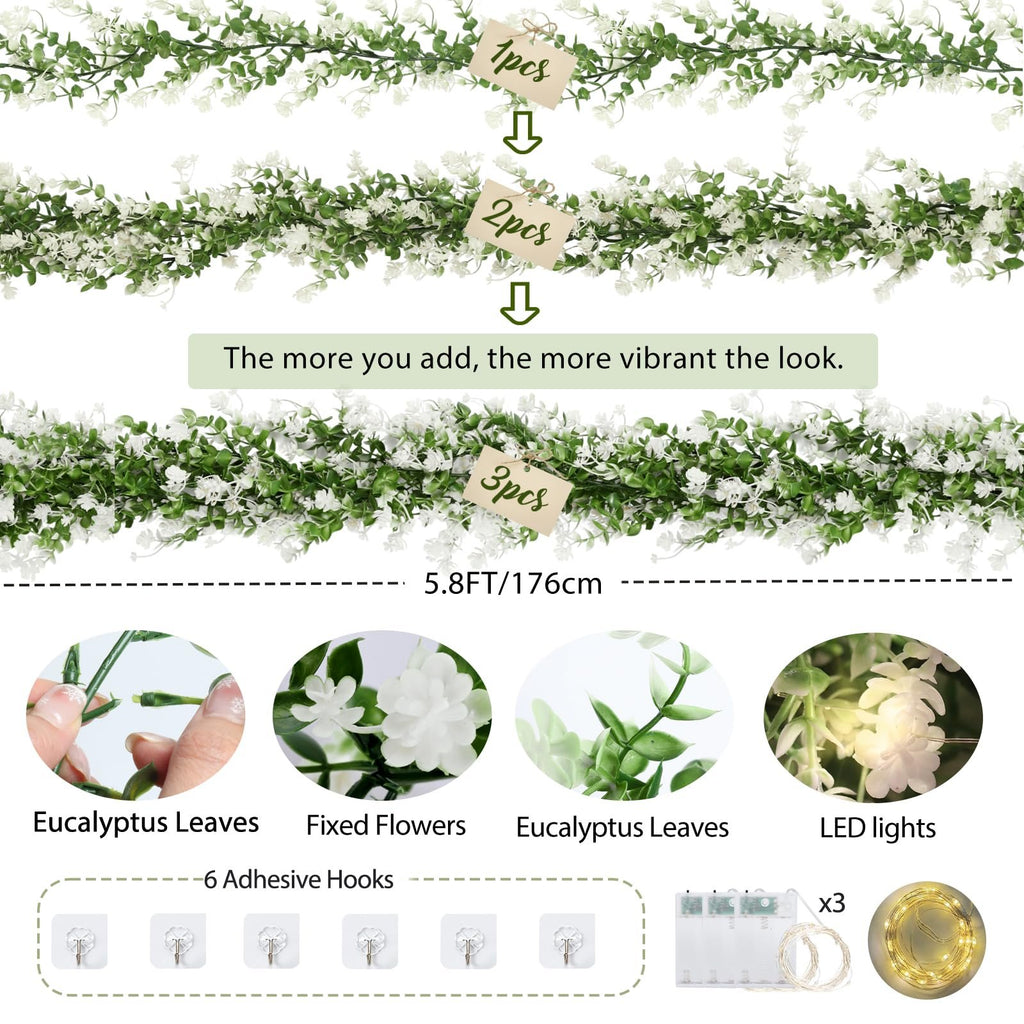 Artificial eucalyptus garland with white flowers and LED lights, showing different quantities and included accessories.