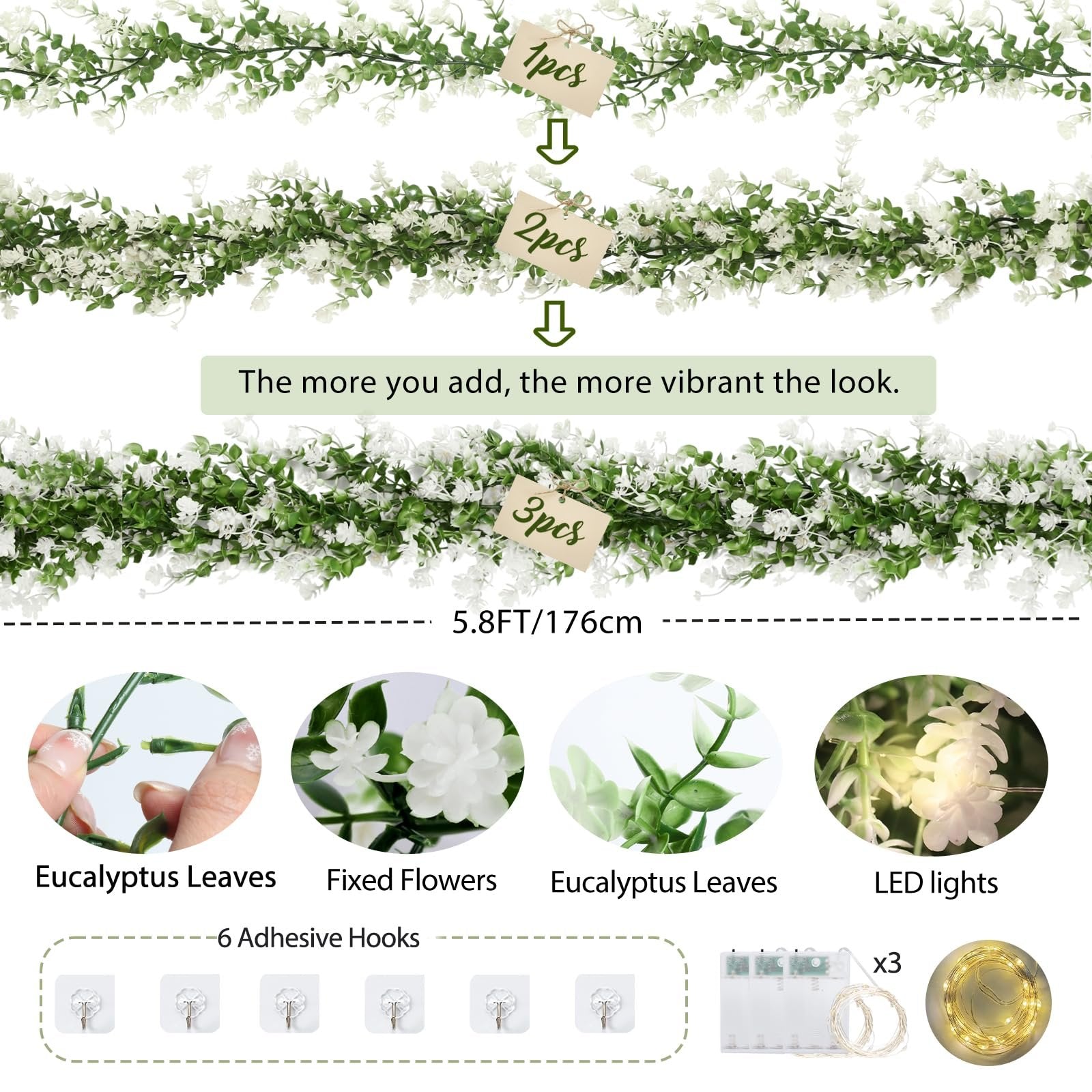 Artificial eucalyptus garland with white flowers and LED lights, showing different quantities and included accessories.