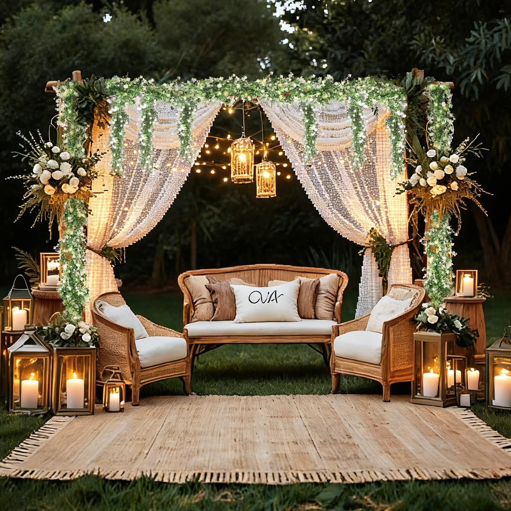 Outdoor wedding arch decorated with artificial eucalyptus garland, fairy lights, curtains, and lanterns, with seating area.