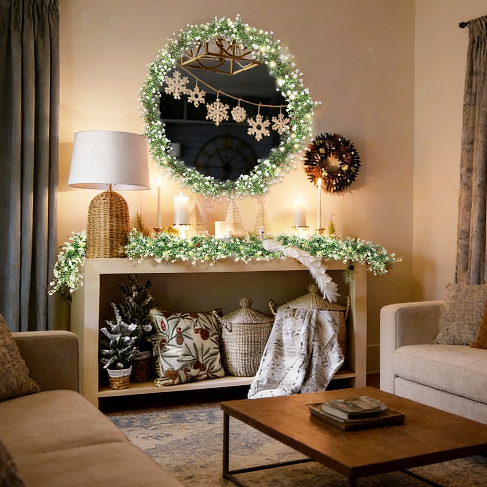 Christmas garland with LED lights draped over a mantelpiece with a mirror and snowflakes above