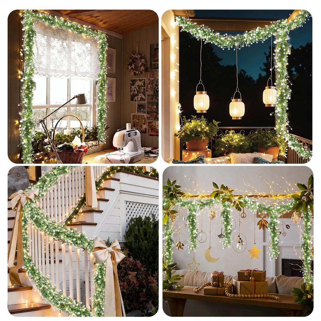 Collage of four scenes showing artificial eucalyptus garland with LED lights decorating various indoor and outdoor spaces.