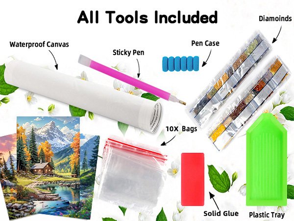 Diamond painting kit contents including waterproof canvas, sticky pen, diamond bags, solid glue, and plastic tray.