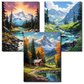 Three diamond painting canvases showing mountain landscapes with a cabin and a river, arranged in a collage.