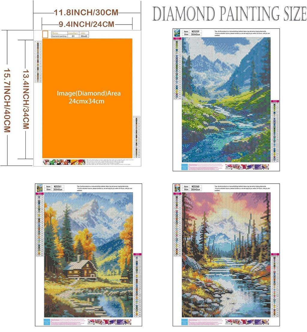 Diamond painting kits with size chart and three landscape designs: mountain stream, cabin by lake, and sunset forest.