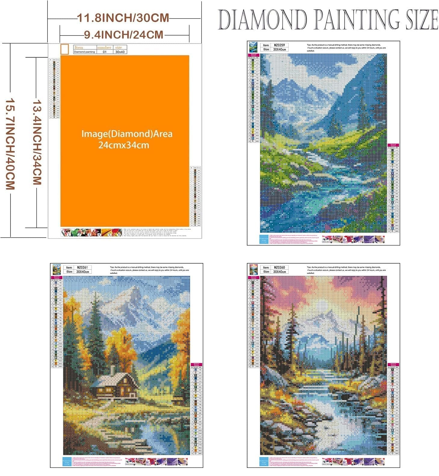 Diamond painting kits with size chart and three landscape designs: mountain stream, cabin by lake, and sunset forest.