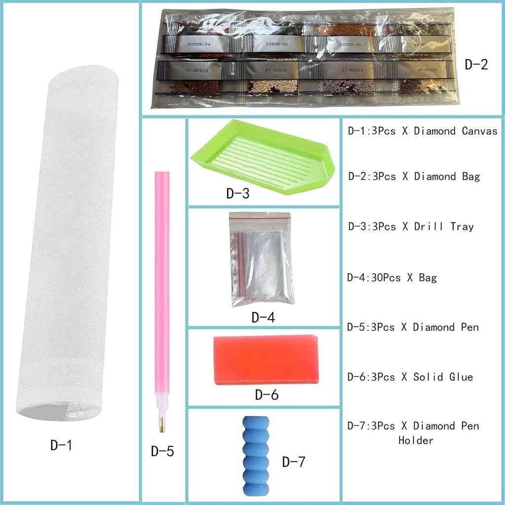 Diamond painting kit contents laid out: canvas roll, diamond pen, diamond bags, tray, glue, and pen holder.