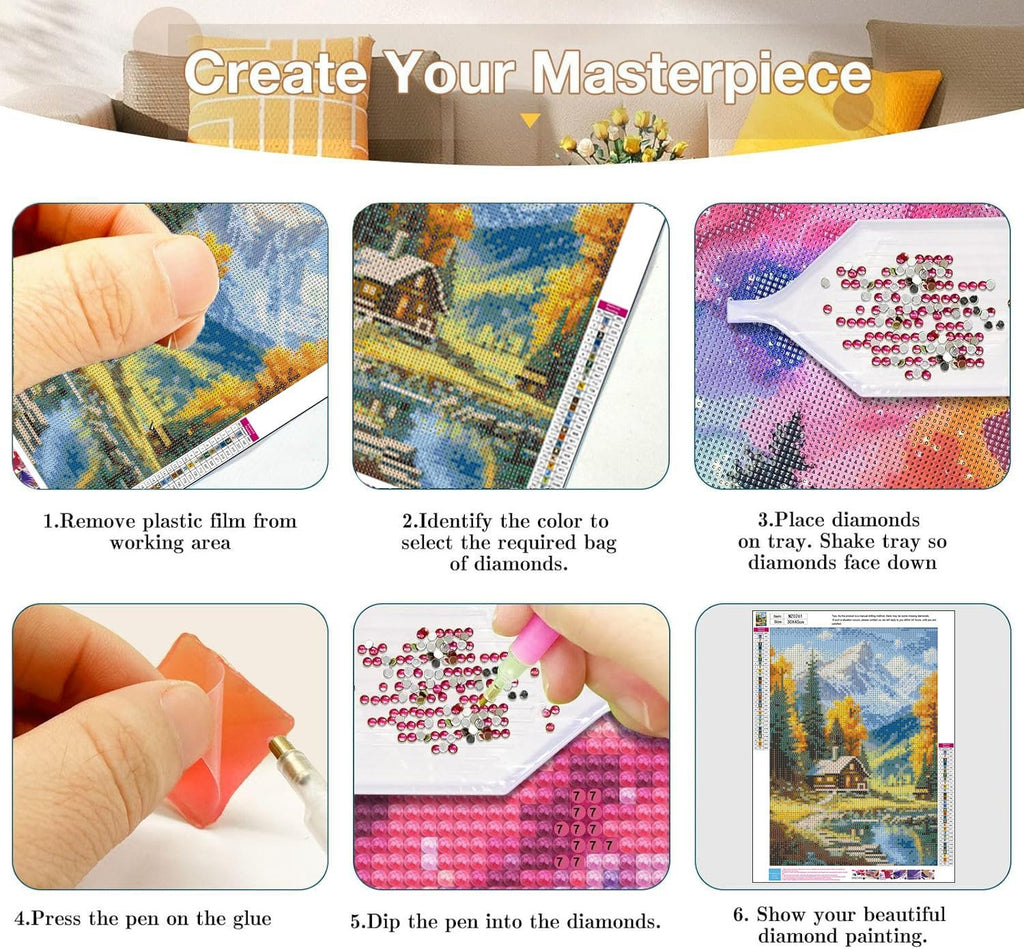 Diamond painting kit instructions showing six steps from removing plastic film to displaying the finished artwork.