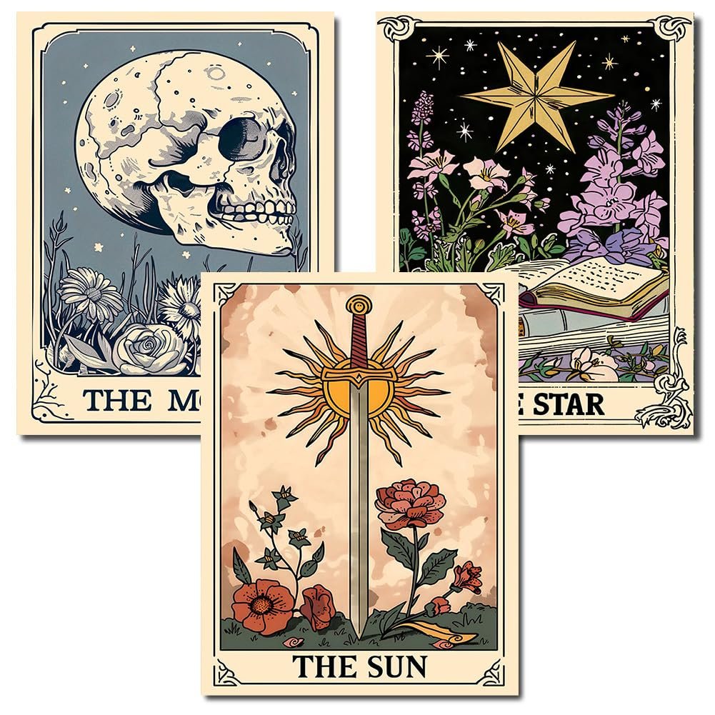 Three tarot card art prints featuring a skull and moon, a star and book, and a sword with sun and flowers.