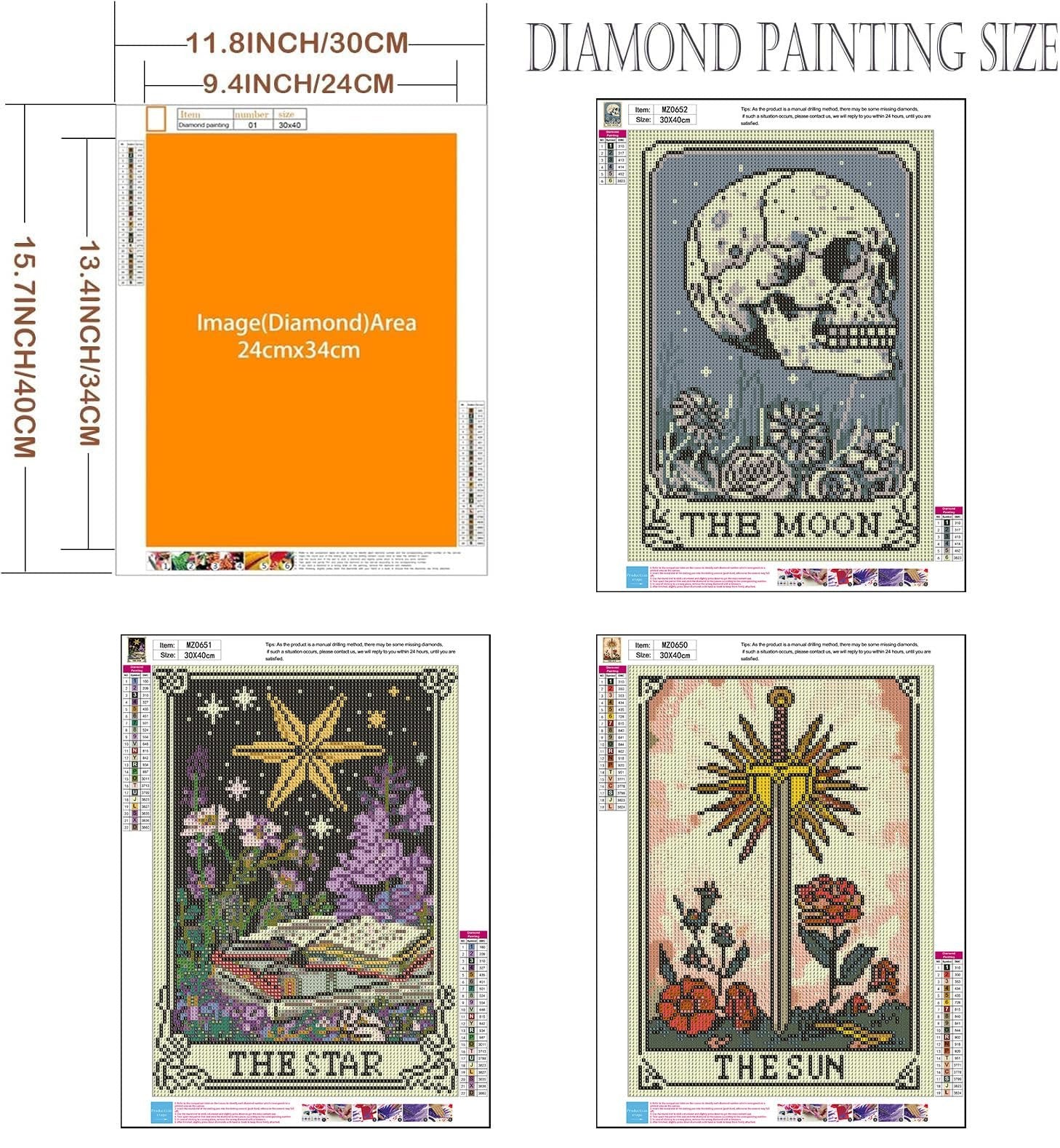 Diamond painting kits showing tarot cards: The Moon with a skull, The Star with a celestial body, and The Sun with a sword.