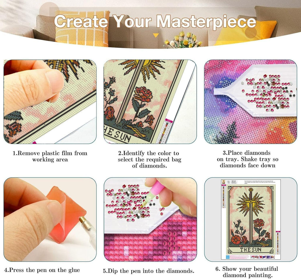 Diamond painting kit instructions showing six steps: peeling film, identifying colors, placing diamonds, pressing pen on glue, dipping pen in diamonds, and finished painting.